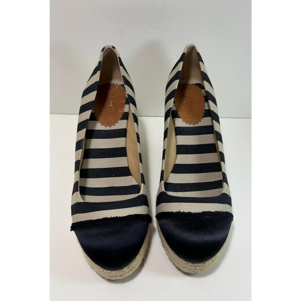 J. CREW Black Taupe Stripe Espadrille Closed Satin Toe Heel Wedge Shoes Womens 9 - Picture 2 of 7
